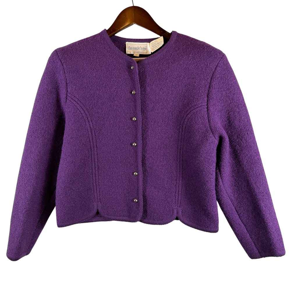 VTG The Eagles Eye Purple 100% Wool Button Front Cropped Jacket 12 USA Classic